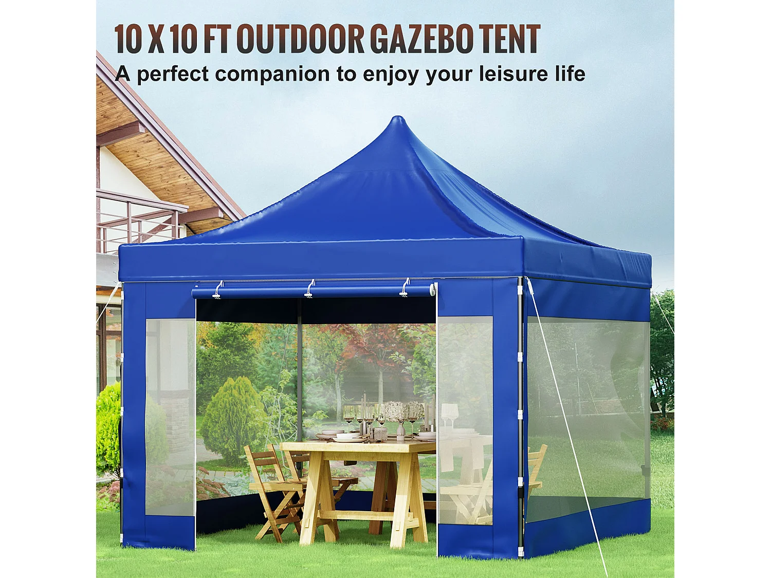 Tente à Baldaquin SucceBuy Escamotable, 305 x 305 cm, Belvédère Extérieur avec Parois Latérales, Bleu