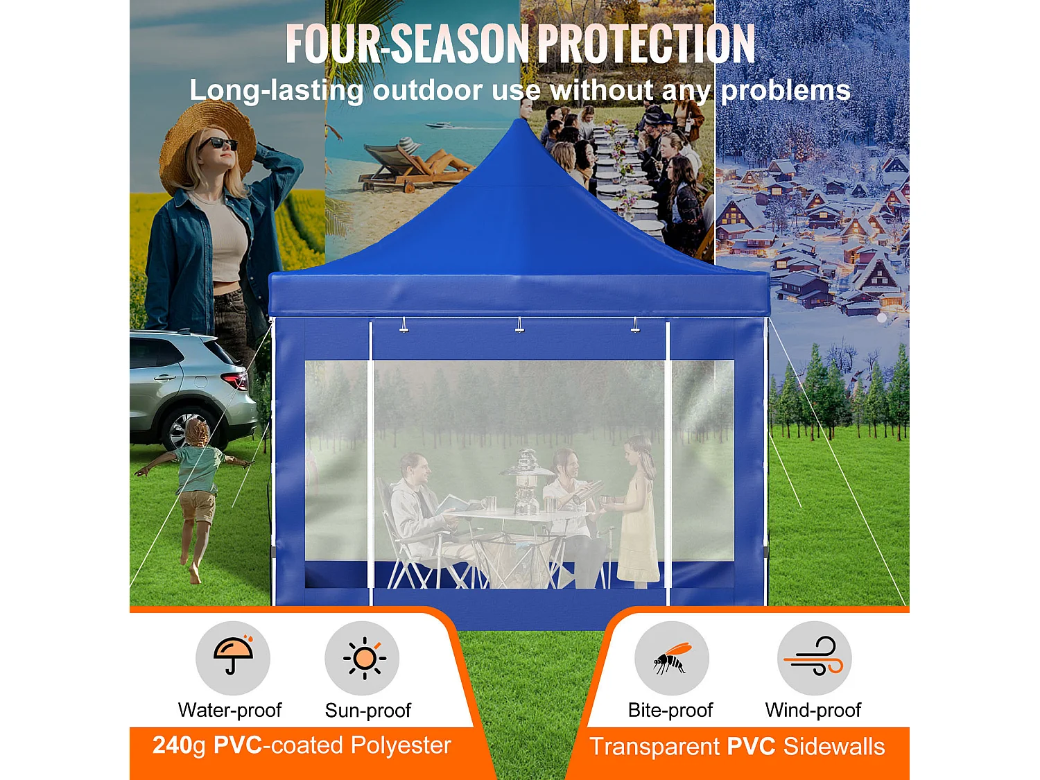 Tente à Baldaquin SucceBuy Escamotable, 305 x 305 cm, Belvédère Extérieur avec Parois Latérales, Bleu