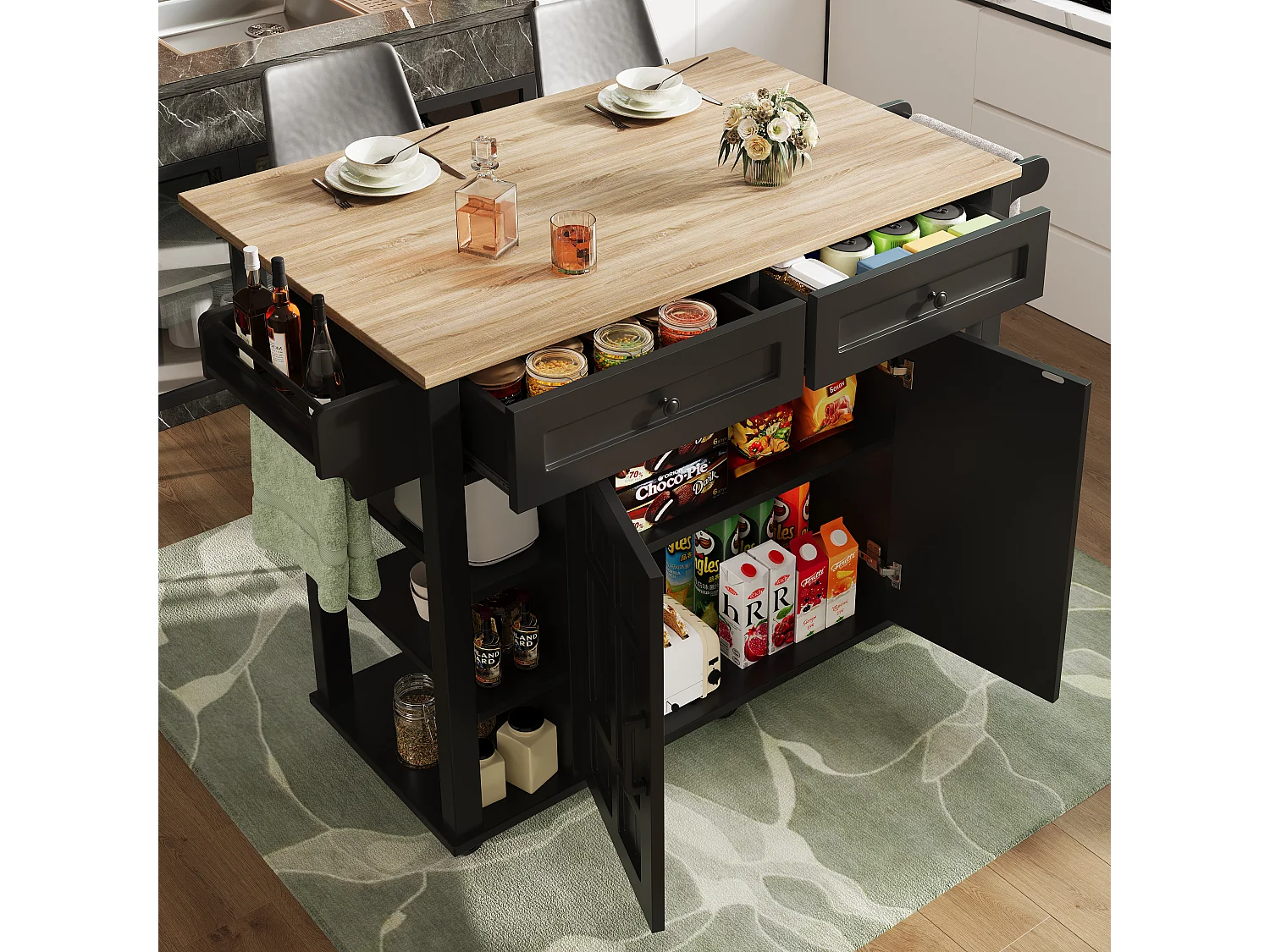 Desserte de cuisine sur roulettes avec plateau extensible, 2 portes, 2 tiroirs et étagères latérales ajustables, noir - 147x65x90cm