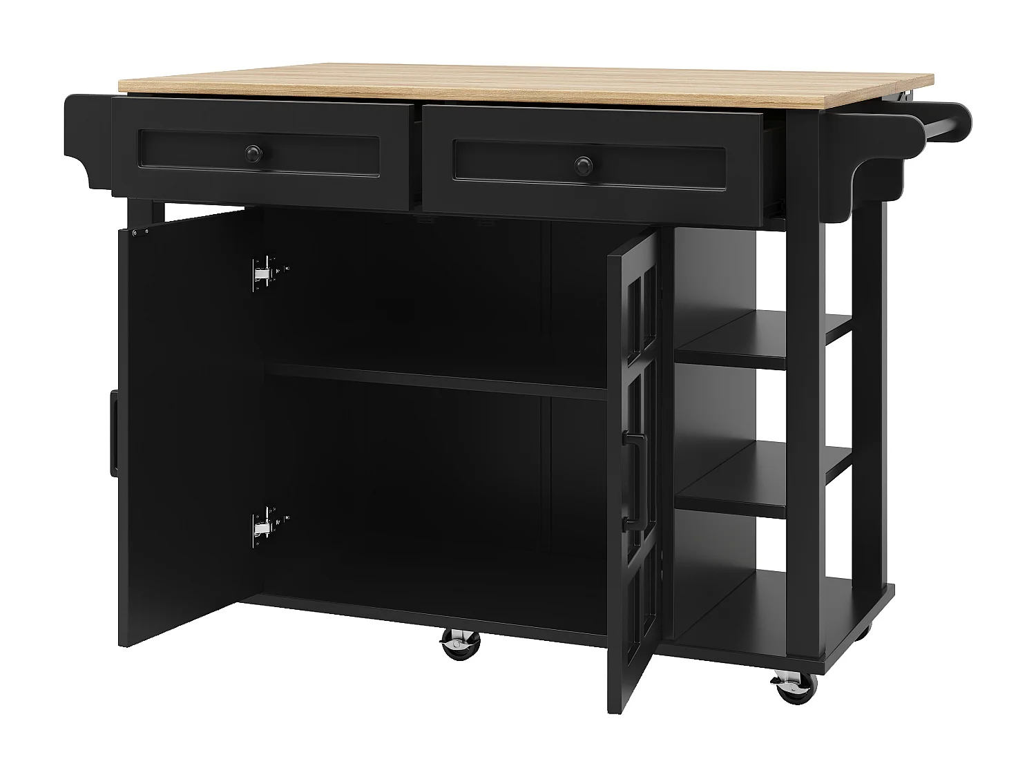Desserte de cuisine sur roulettes avec plateau extensible, 2 portes, 2 tiroirs et étagères latérales ajustables, noir - 147x65x90cm