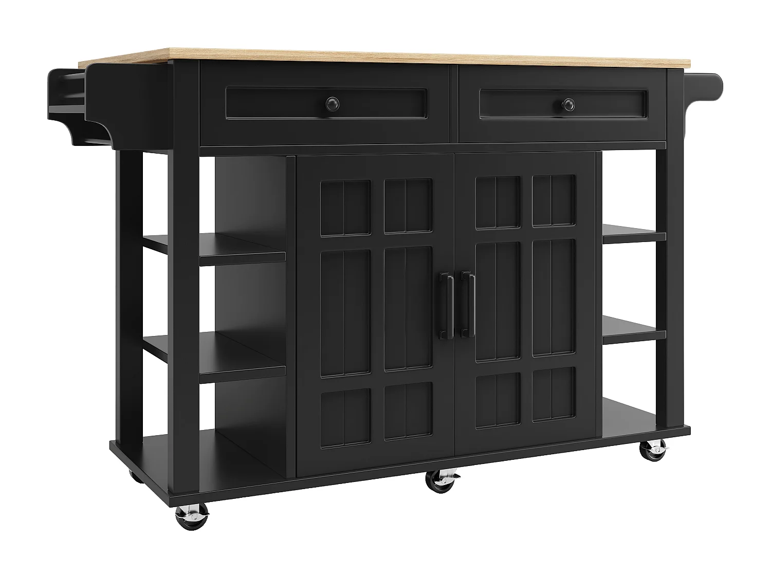 Desserte de cuisine sur roulettes avec plateau extensible, 2 portes, 2 tiroirs et étagères latérales ajustables, noir - 147x65x90cm