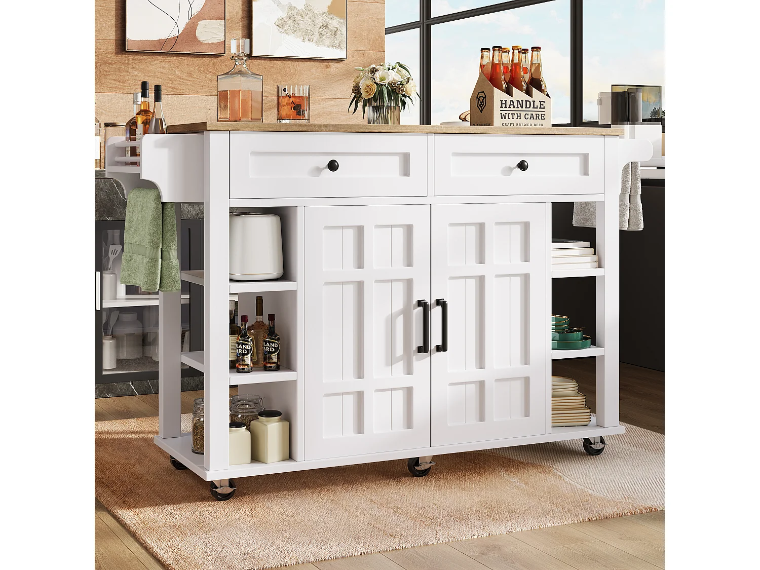 Desserte de cuisine sur roulettes avec plateau extensible, 2 portes, 2 tiroirs et étagères latérales ajustables, blanc - 147x65x90cm