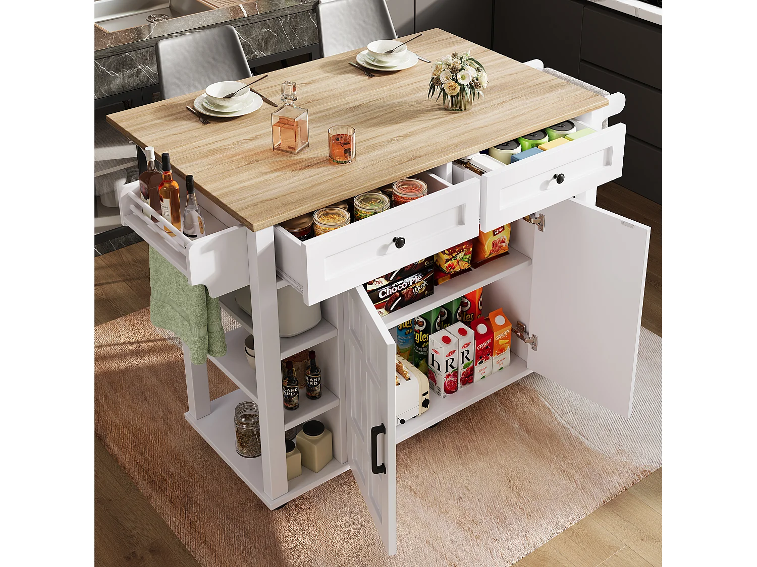 Desserte de cuisine sur roulettes avec plateau extensible, 2 portes, 2 tiroirs et étagères latérales ajustables, blanc - 147x65x90cm