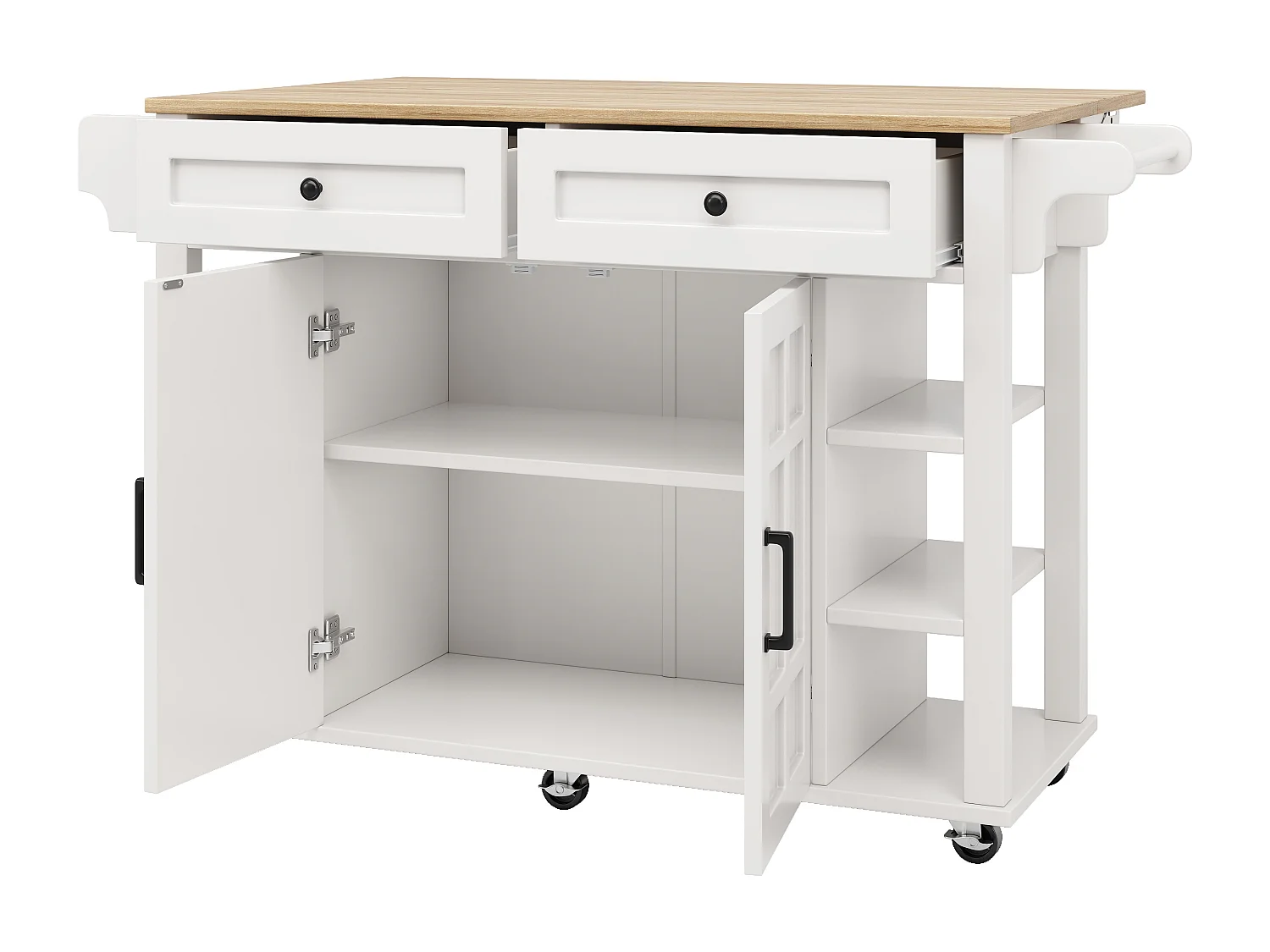 Desserte de cuisine sur roulettes avec plateau extensible, 2 portes, 2 tiroirs et étagères latérales ajustables, blanc - 147x65x90cm