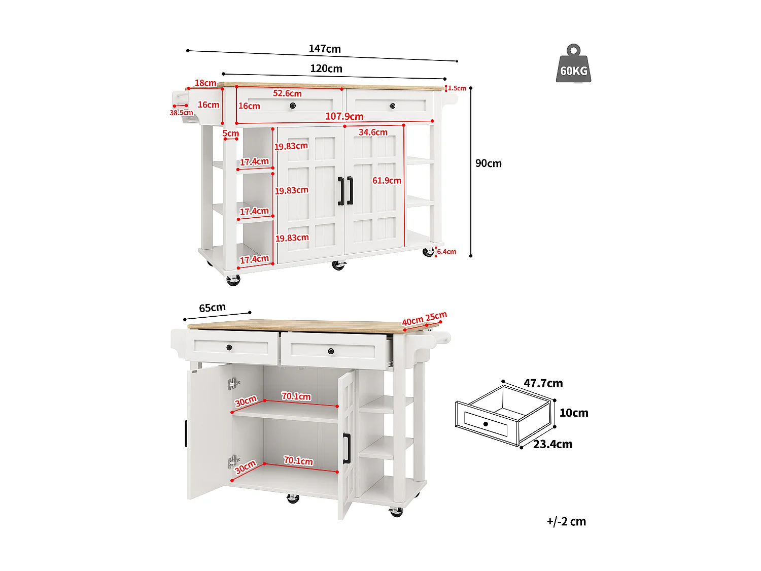 Desserte de cuisine sur roulettes avec plateau extensible, 2 portes, 2 tiroirs et étagères latérales ajustables, blanc - 147x65x90cm
