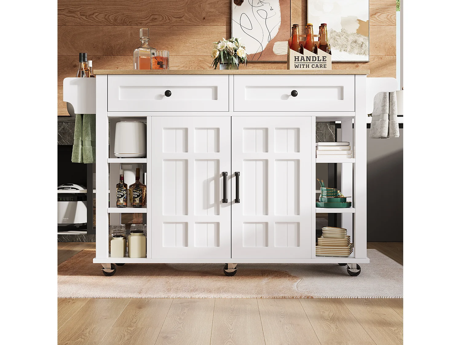 Desserte de cuisine sur roulettes avec plateau extensible, 2 portes, 2 tiroirs et étagères latérales ajustables, blanc - 147x65x90cm