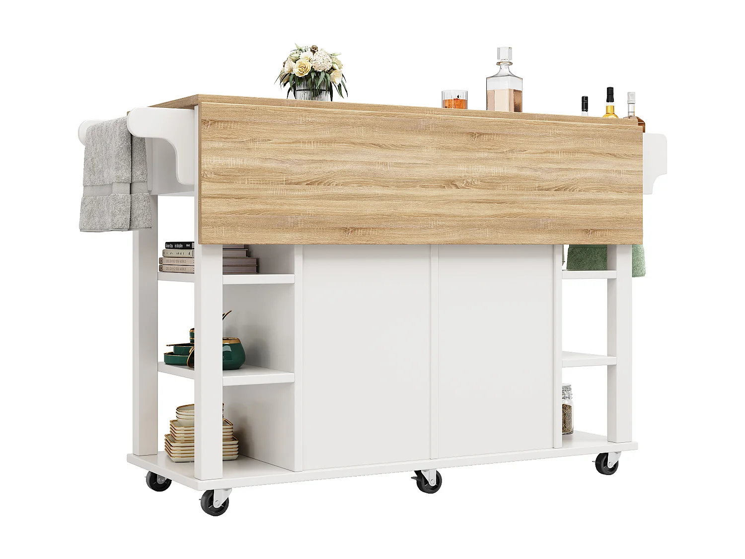 Desserte de cuisine sur roulettes avec plateau extensible, 2 portes, 2 tiroirs et étagères latérales ajustables, blanc - 147x65x90cm