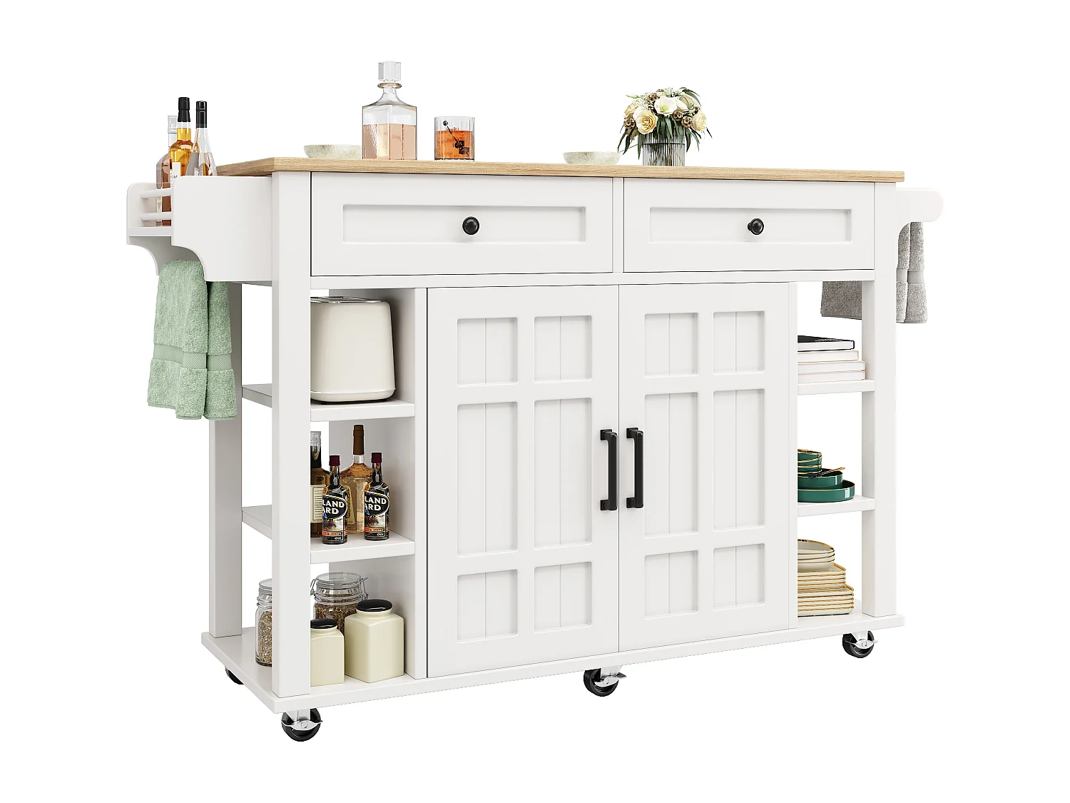 Desserte de cuisine sur roulettes avec plateau extensible, 2 portes, 2 tiroirs et étagères latérales ajustables, blanc - 147x65x90cm