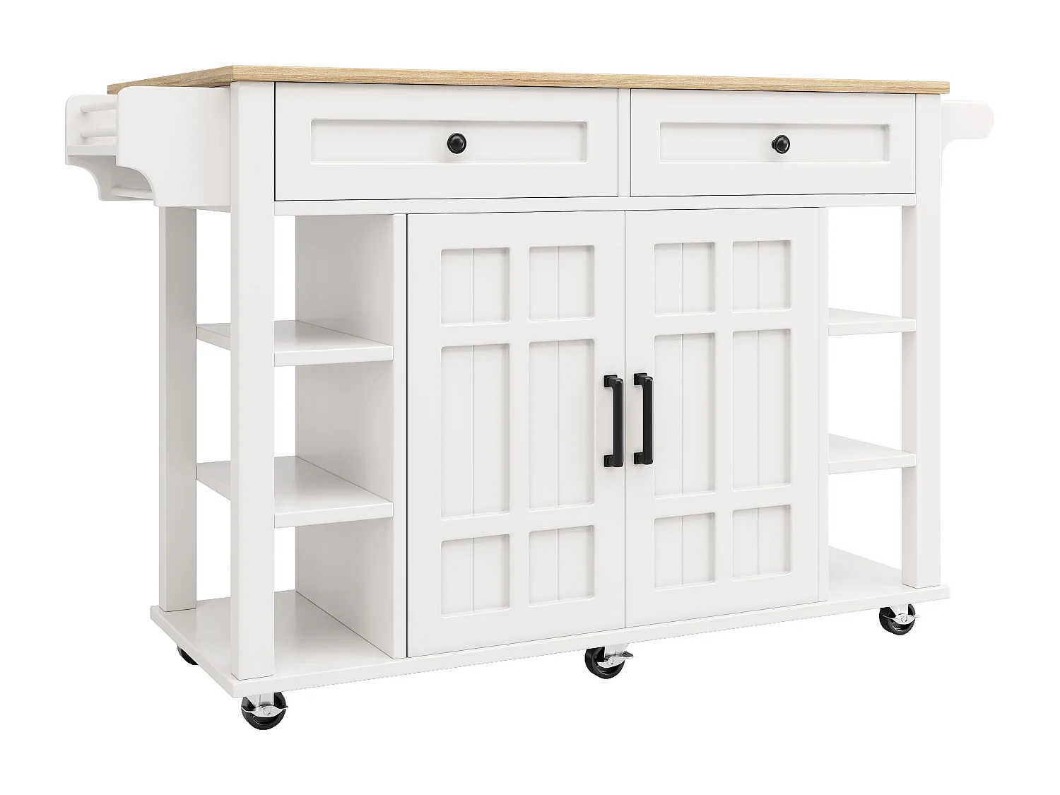 Desserte de cuisine sur roulettes avec plateau extensible, 2 portes, 2 tiroirs et étagères latérales ajustables, blanc - 147x65x90cm