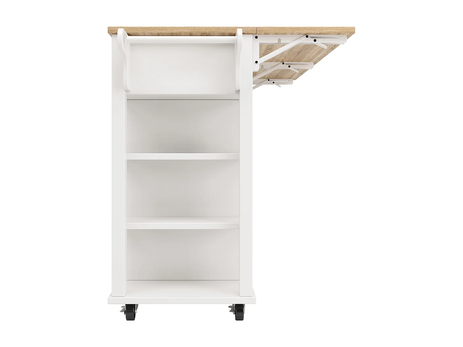 Desserte de cuisine sur roulettes avec plateau extensible, 2 portes, 2 tiroirs et étagères latérales ajustables, blanc - 147x65x90cm