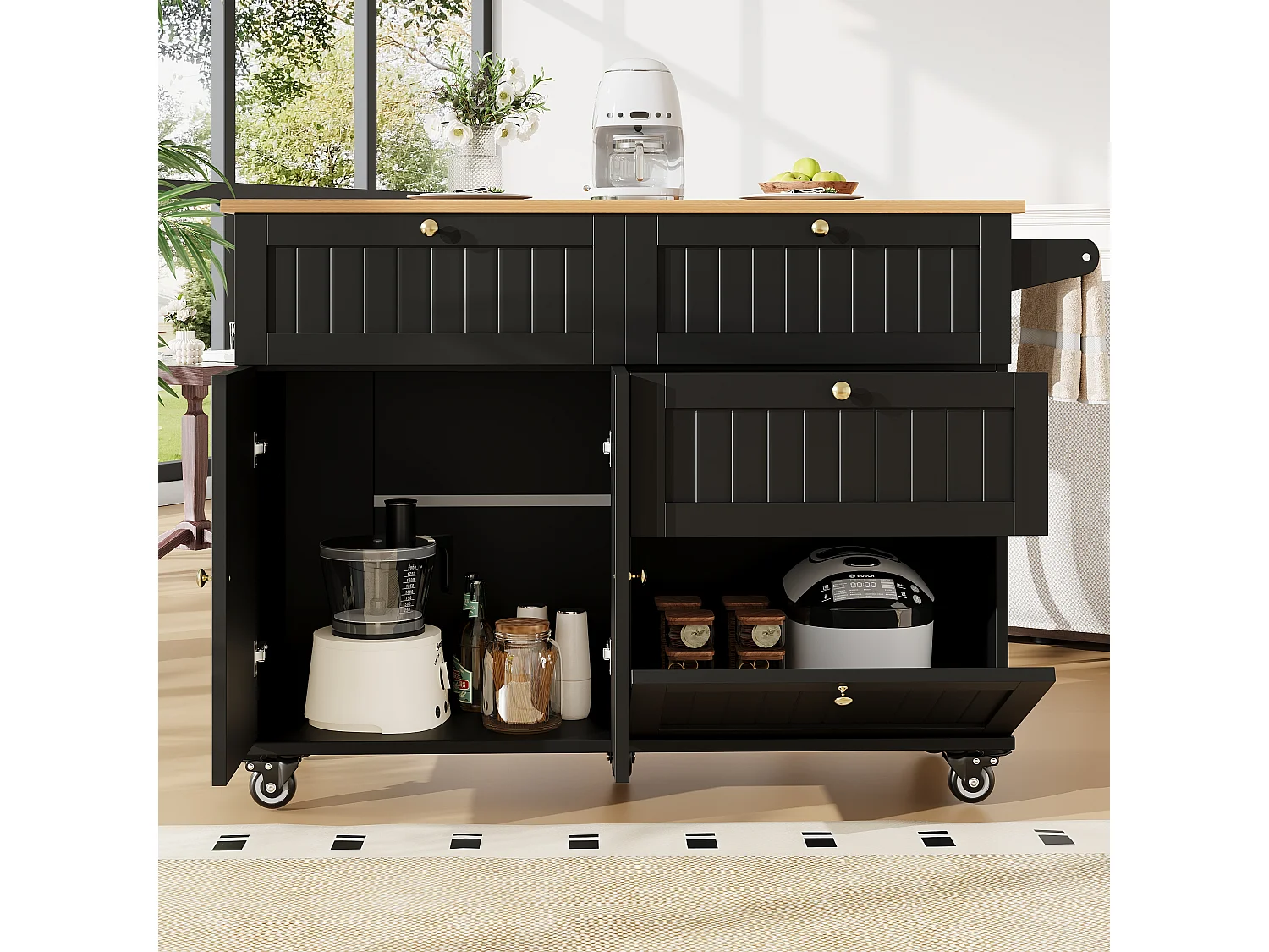Desserte de cuisine mobile avec plateau extensible en placage woodgrain, 3 tiroirs et 3 portes inclus, noir - 133x70x88cm