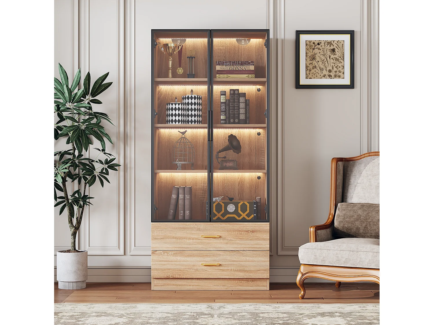 Mobile da bagno con 2 ante in vetro e 2 cassetti, LED incluso, corpo chiaro naturale - 75x34,5x170cm