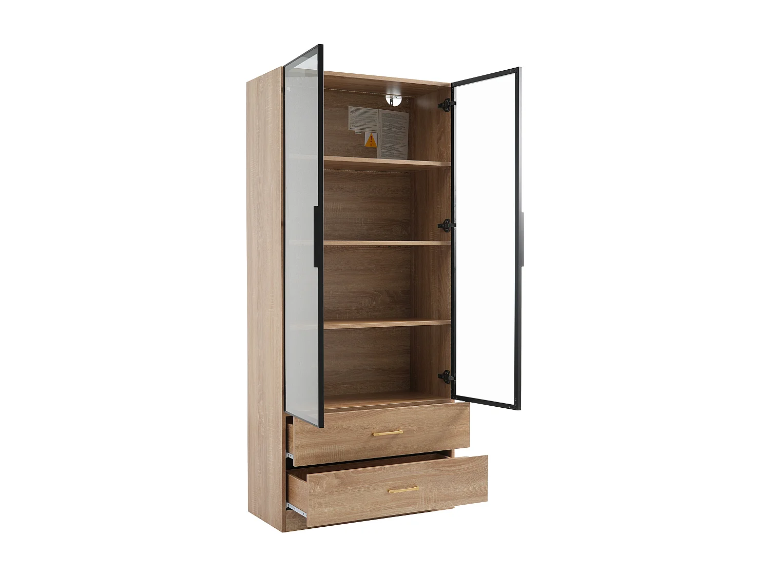 Mobile da bagno con 2 ante in vetro e 2 cassetti, LED incluso, corpo chiaro naturale - 75x34,5x170cm