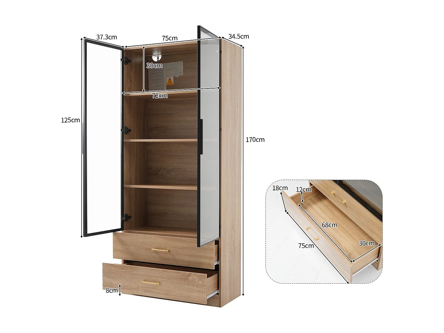 Mobile da bagno con 2 ante in vetro e 2 cassetti, LED incluso, corpo chiaro naturale - 75x34,5x170cm