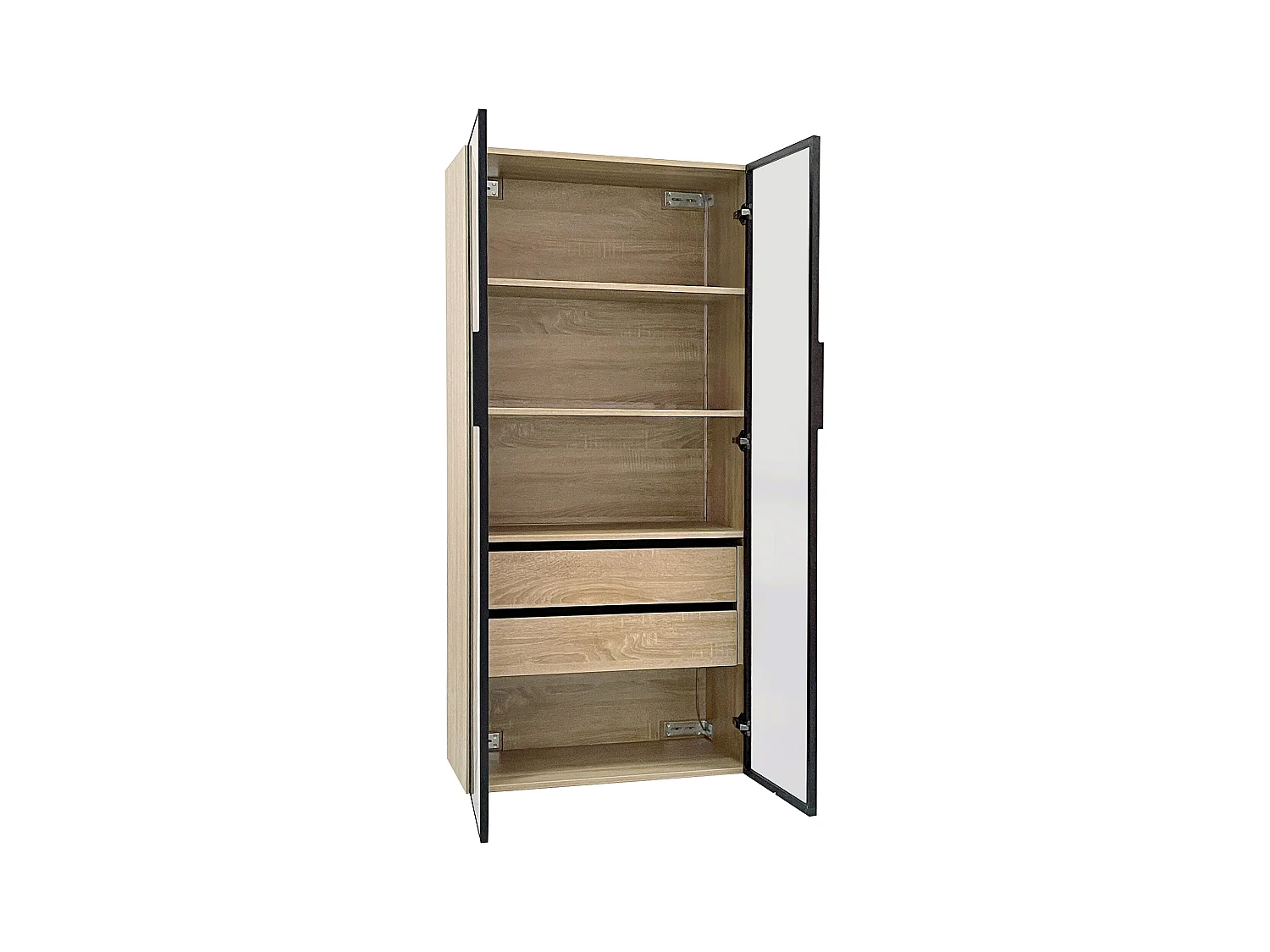 Armoir de salle de bain avec 2 portes en verre et 2 tiroirs cachés, LED inclus, corps en MDF naturel clair - 74x36x155cm