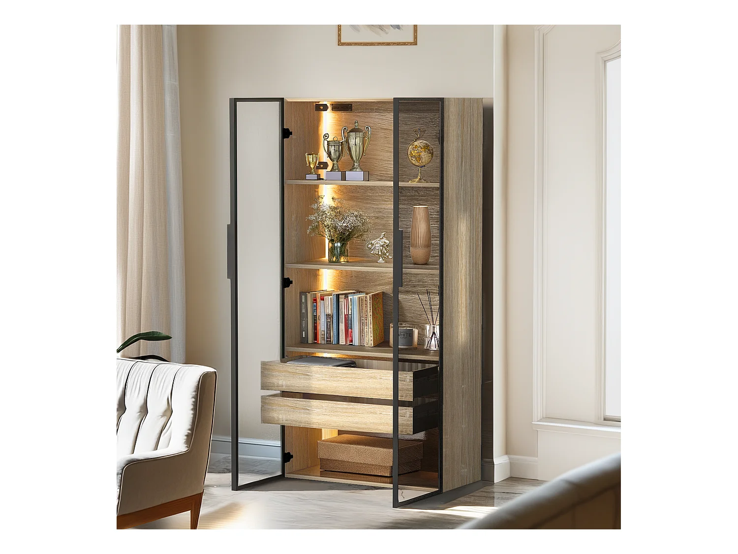 Armoir de salle de bain avec 2 portes en verre et 2 tiroirs cachés, LED inclus, corps en MDF naturel clair - 74x36x155cm