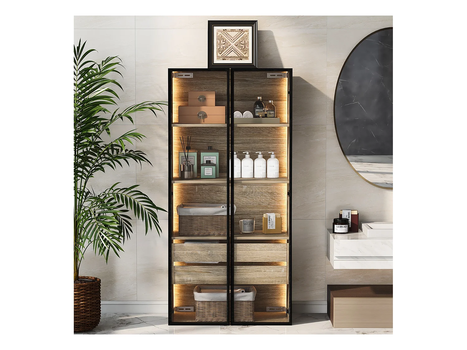 Armoir de salle de bain avec 2 portes en verre et 2 tiroirs cachés, LED inclus, corps en MDF naturel clair - 74x36x155cm
