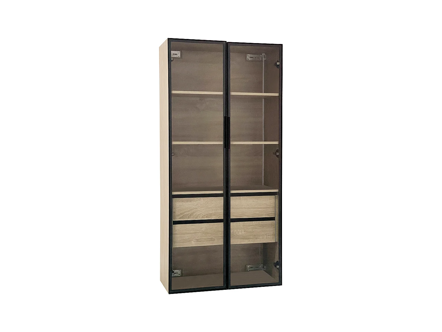 Armoir de salle de bain avec 2 portes en verre et 2 tiroirs cachés, LED inclus, corps en MDF naturel clair - 74x36x155cm