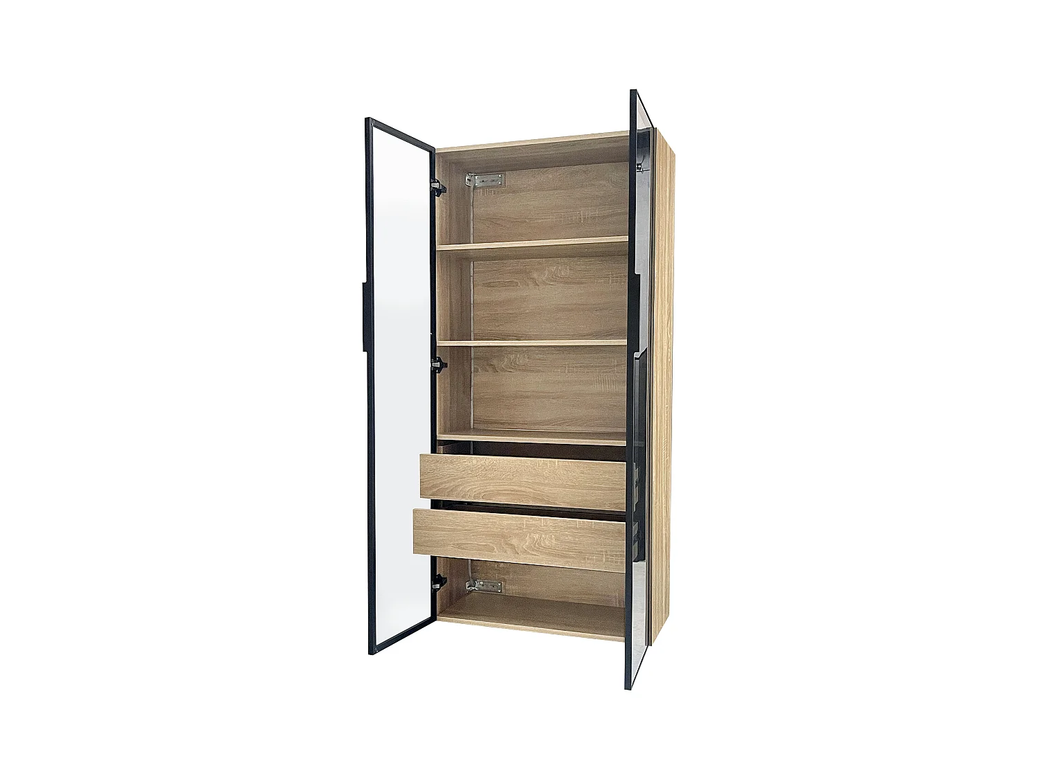 Armoir de salle de bain avec 2 portes en verre et 2 tiroirs cachés, LED inclus, corps en MDF naturel clair - 74x36x155cm