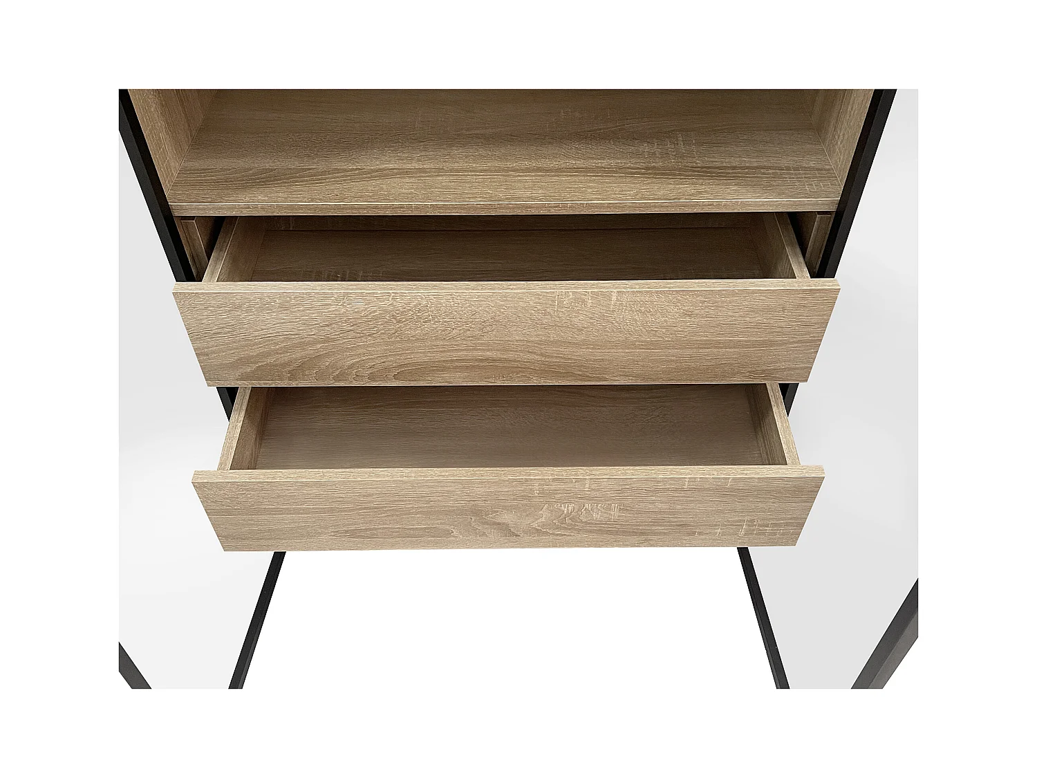 Armoir de salle de bain avec 2 portes en verre et 2 tiroirs cachés, LED inclus, corps en MDF naturel clair - 74x36x155cm