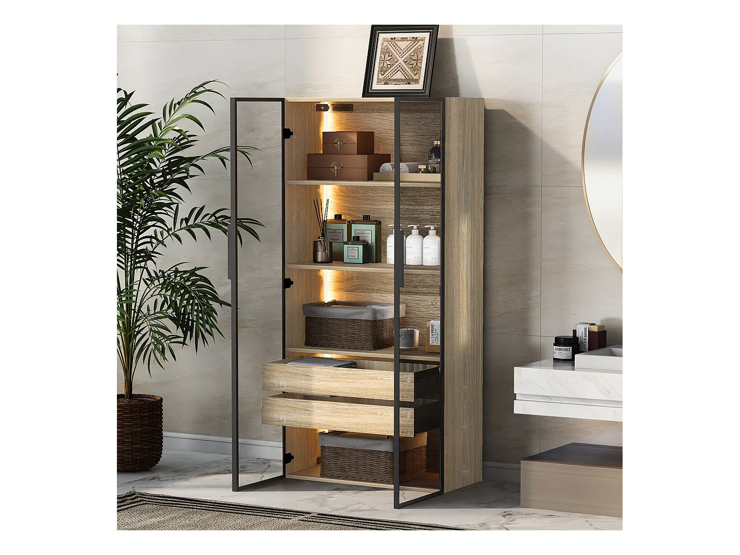 Armoir de salle de bain avec 2 portes en verre et 2 tiroirs cachés, LED inclus, corps en MDF naturel clair - 74x36x155cm