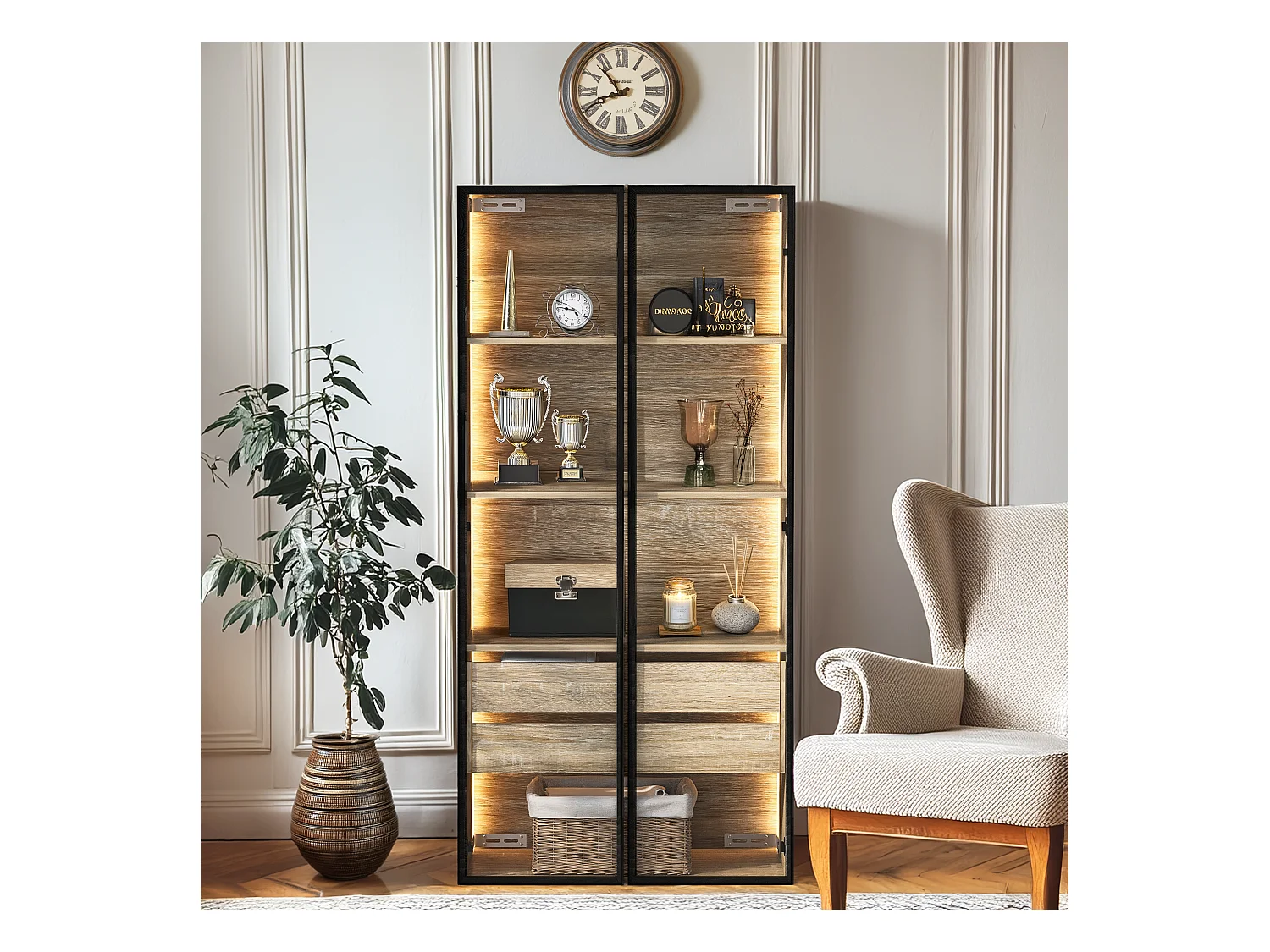 Armoir de salle de bain avec 2 portes en verre et 2 tiroirs cachés, LED inclus, corps en MDF naturel clair - 74x36x155cm