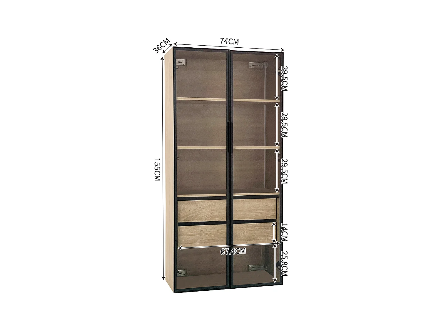 Armoir de salle de bain avec 2 portes en verre et 2 tiroirs cachés, LED inclus, corps en MDF naturel clair - 74x36x155cm