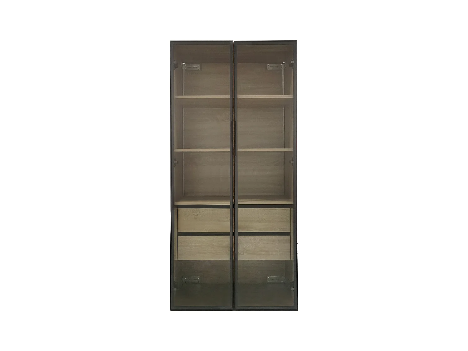 Armoir de salle de bain avec 2 portes en verre et 2 tiroirs cachés, LED inclus, corps en MDF naturel clair - 74x36x155cm