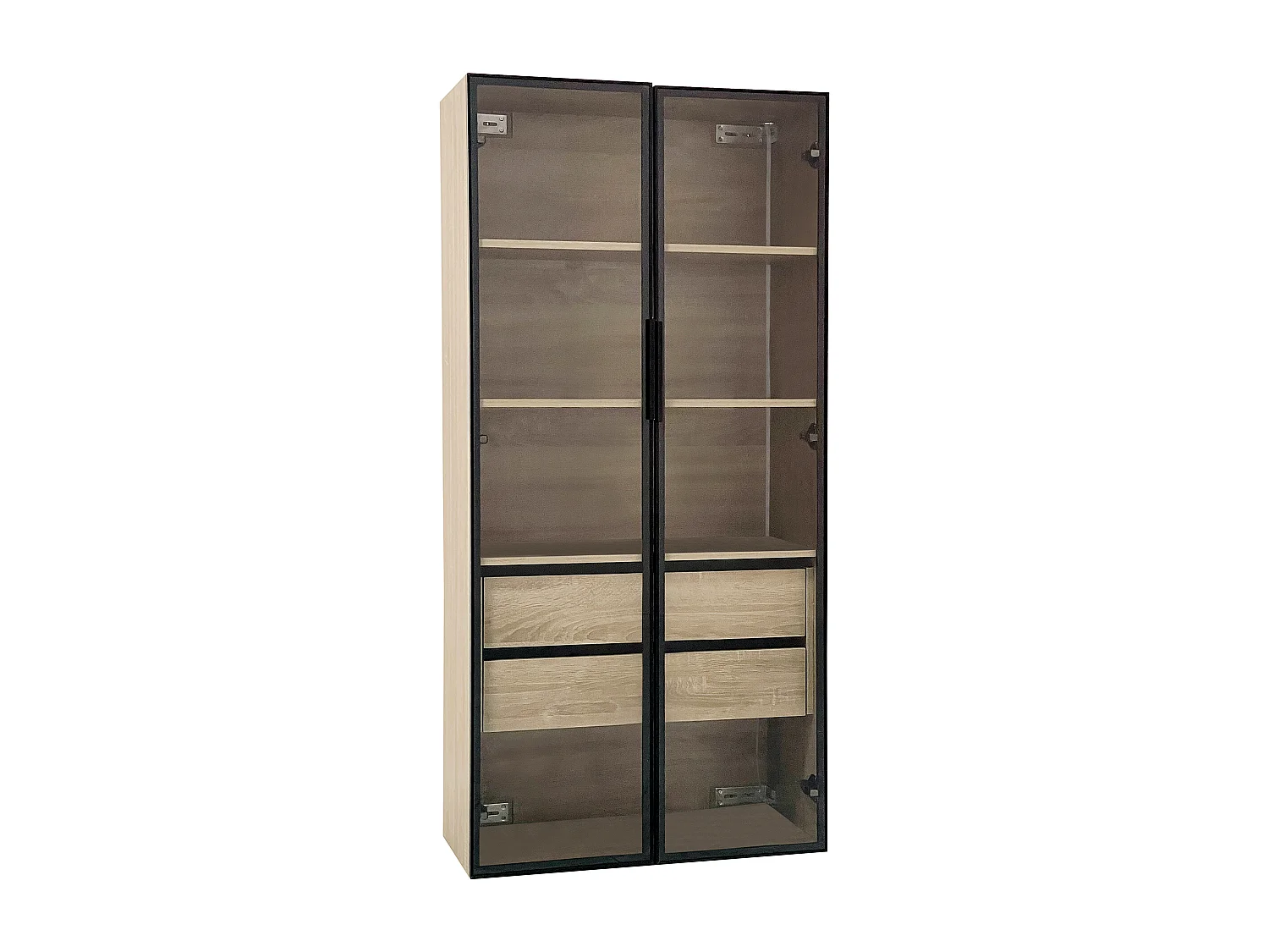 Armoir de salle de bain avec 2 portes en verre et 2 tiroirs cachés, LED inclus, corps en MDF naturel clair - 74x36x155cm