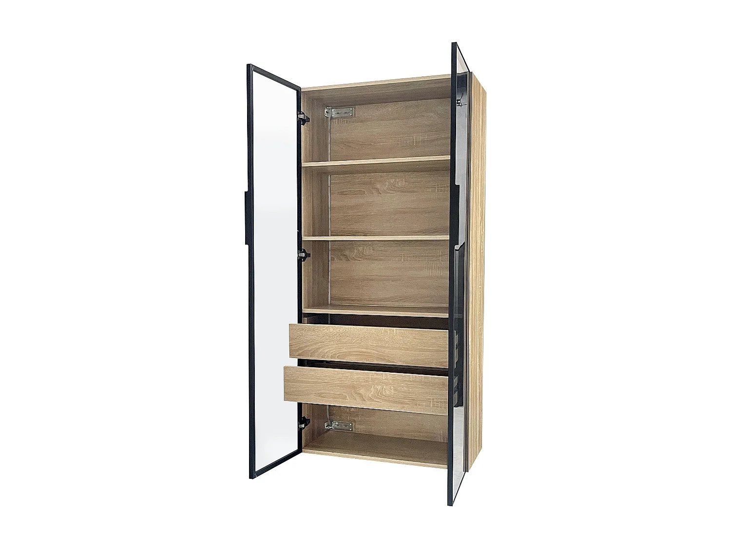 Armoir de salle de bain avec 2 portes en verre et 2 tiroirs cachés, LED inclus, corps en MDF naturel clair - 74x36x155cm