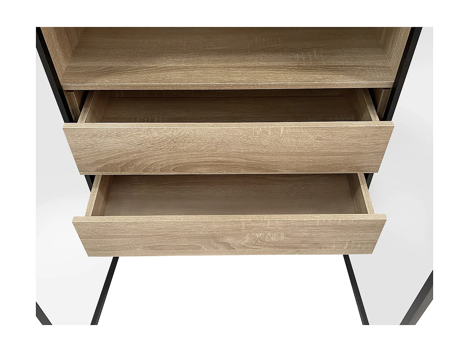 Armoir de salle de bain avec 2 portes en verre et 2 tiroirs cachés, LED inclus, corps en MDF naturel clair - 74x36x155cm