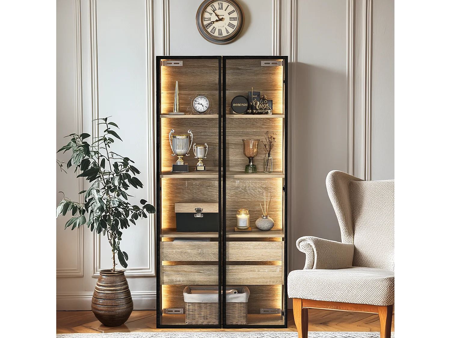 Armoir de salle de bain avec 2 portes en verre et 2 tiroirs cachés, LED inclus, corps en MDF naturel clair - 74x36x155cm