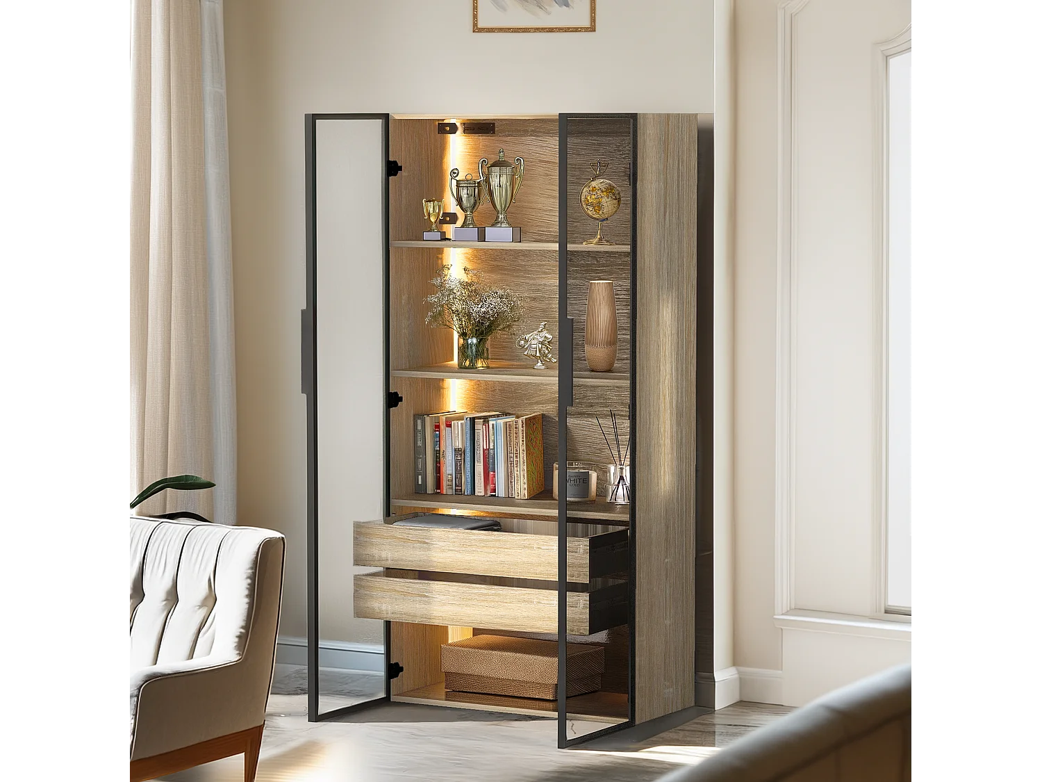 Armoir de salle de bain avec 2 portes en verre et 2 tiroirs cachés, LED inclus, corps en MDF naturel clair - 74x36x155cm