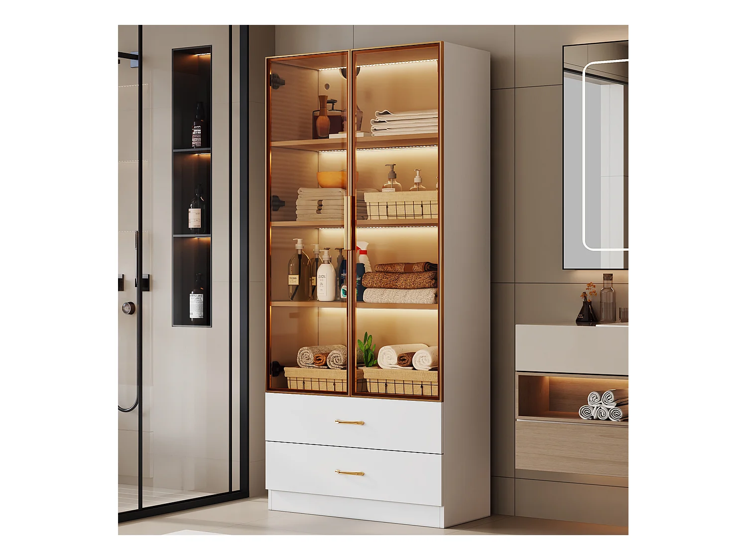 Armoir de salle de bain avec 2 portes en verre et 2 tiroirs, LED inclus, corps blanc - 75x34.5x170cm