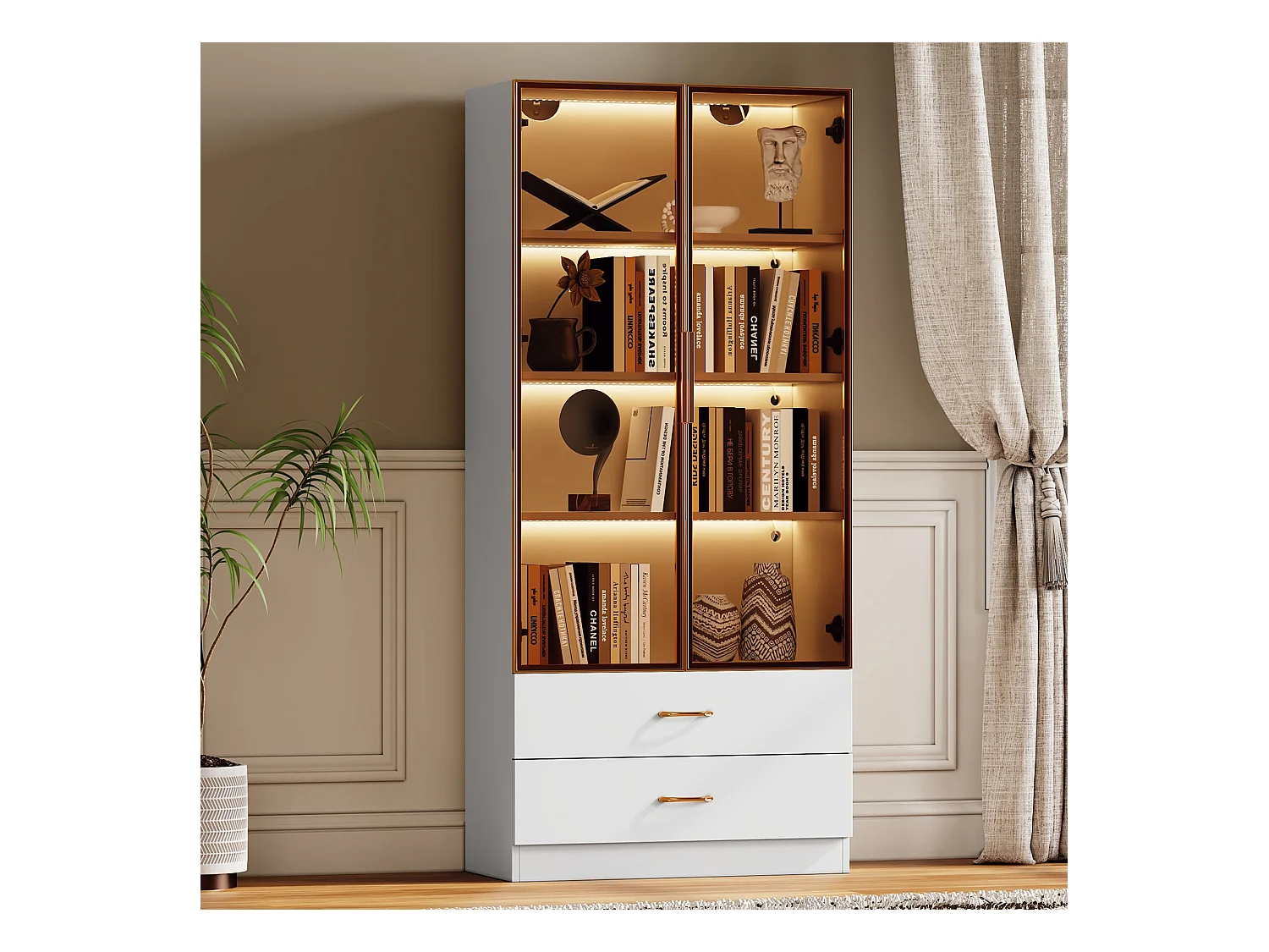 Armoir de salle de bain avec 2 portes en verre et 2 tiroirs, LED inclus, corps blanc - 75x34.5x170cm