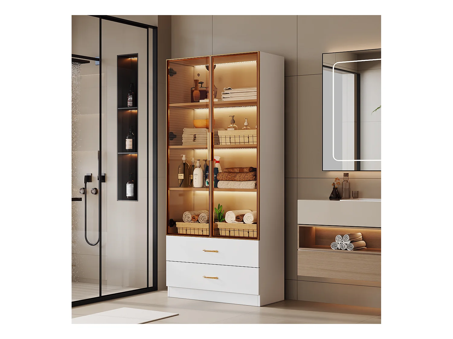 Armoir de salle de bain avec 2 portes en verre et 2 tiroirs, LED inclus, corps blanc - 75x34.5x170cm