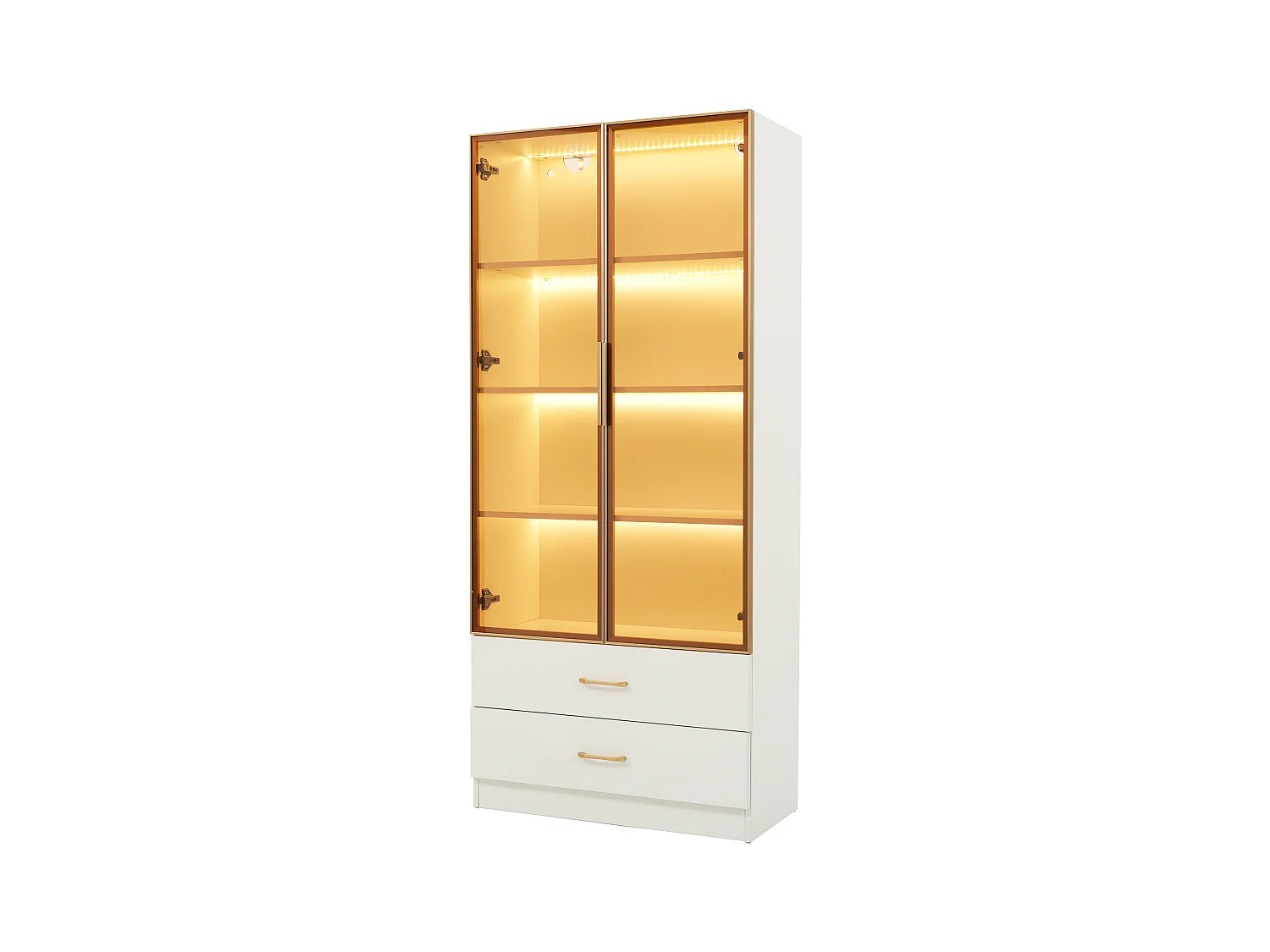 Armoir de salle de bain avec 2 portes en verre et 2 tiroirs, LED inclus, corps blanc - 75x34.5x170cm