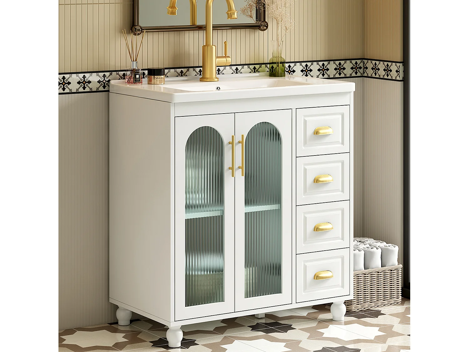 Mueble de lavabo con lavabo encastrado, 3 puertas y 3 cajones incluidos, 80x47x90cm