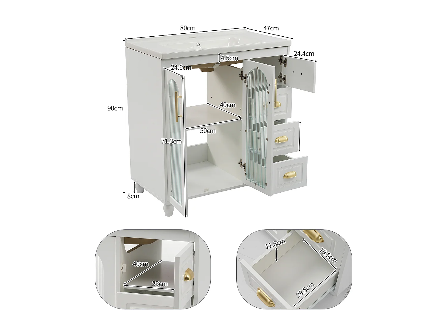 Mueble de lavabo con lavabo encastrado, 3 puertas y 3 cajones incluidos, 80x47x90cm