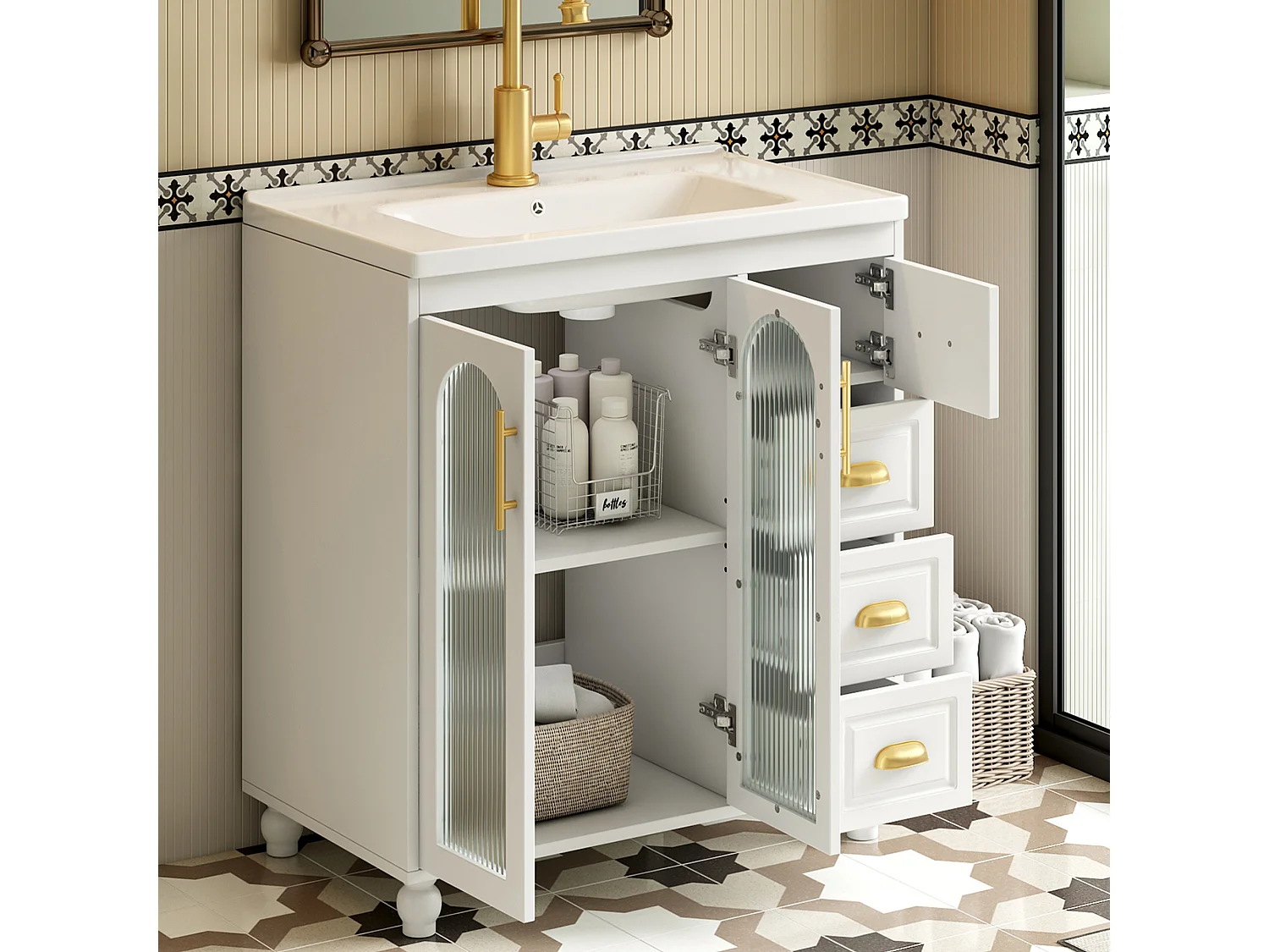 Mueble de lavabo con lavabo encastrado, 3 puertas y 3 cajones incluidos, 80x47x90cm