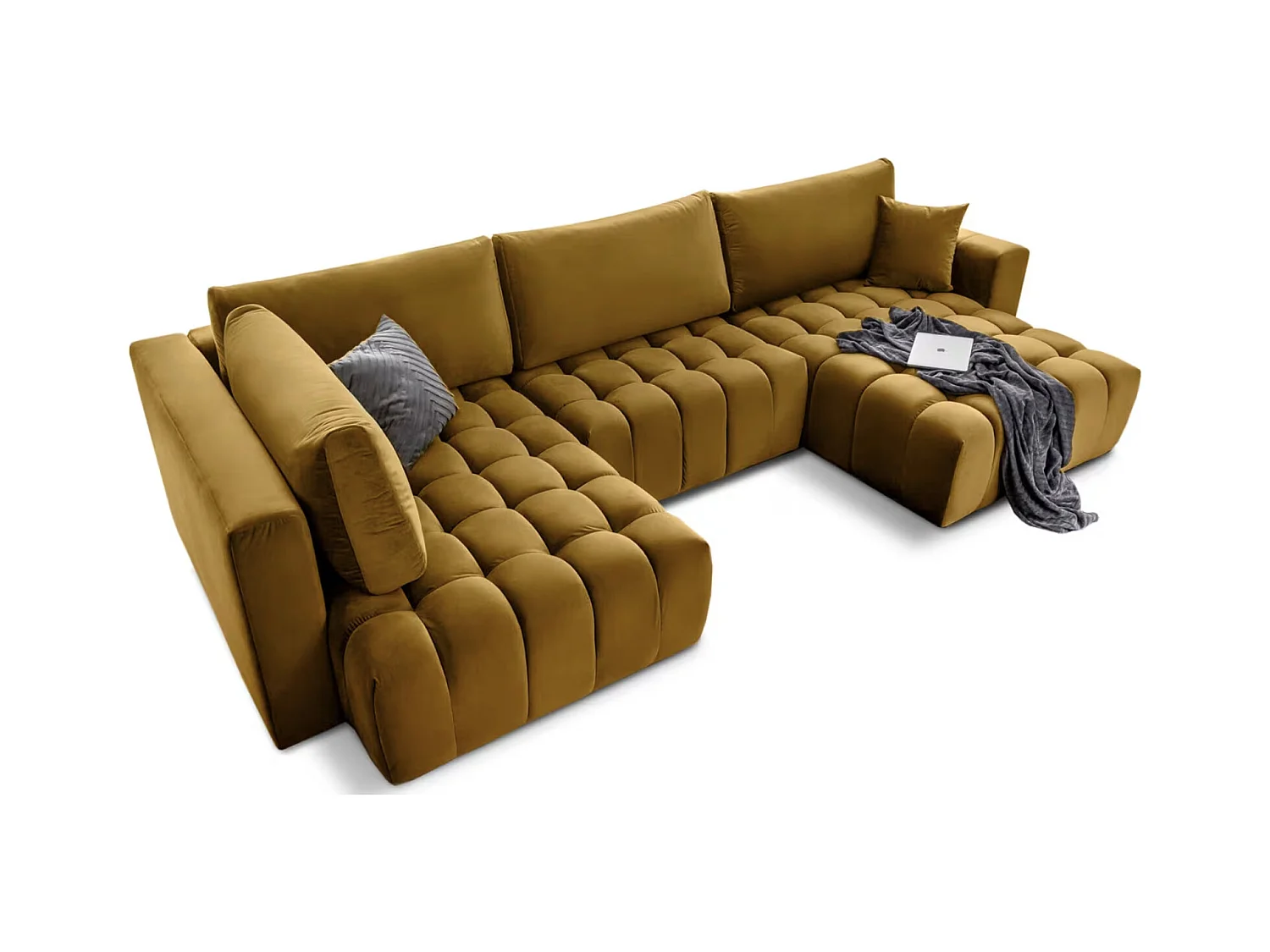 Canapé d'angle panoramique BOSTON en velours capitonné-Jaune curry-Méridienne A droite