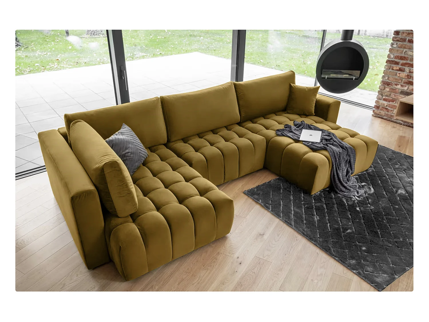 Canapé d'angle panoramique BOSTON en velours capitonné-Jaune curry-Méridienne A droite