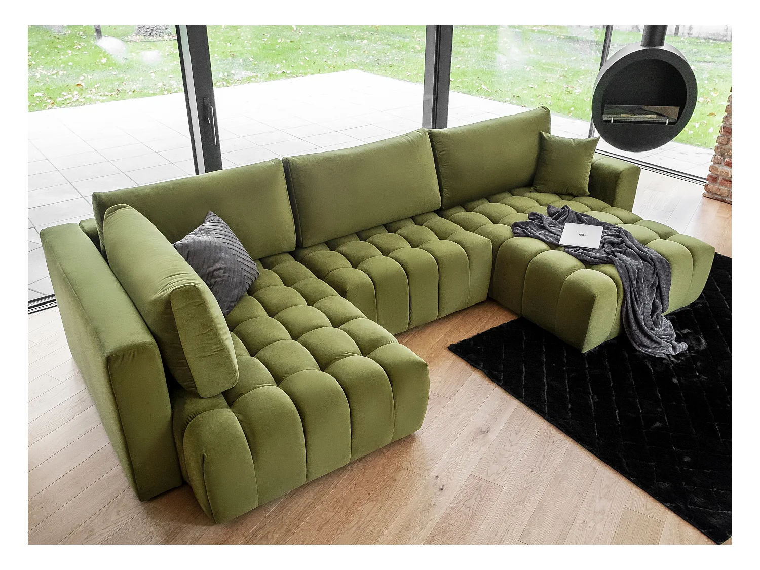 Canapé d'angle panoramique BOSTON en velours capitonné-Jaune curry-Méridienne A droite