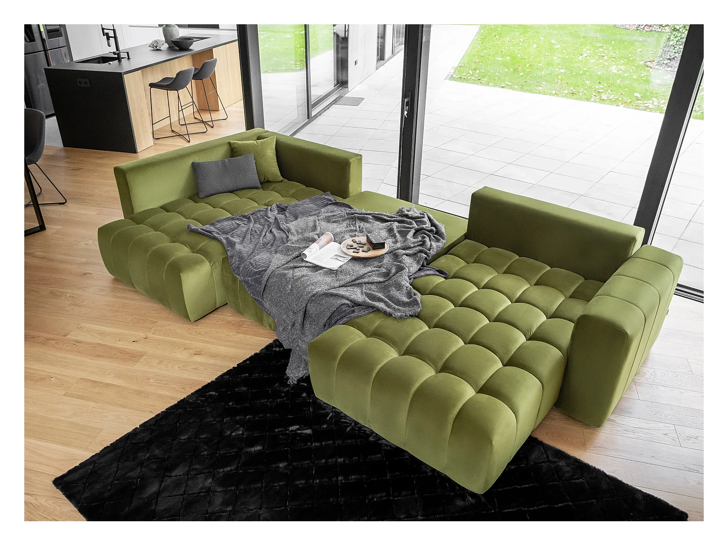 Canapé d'angle panoramique BOSTON en velours capitonné-Jaune curry-Méridienne A droite