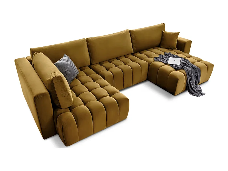 BOSTON panoramische hoekbank in gecapitonneerd fluweel-Kleur Kerrie geel-Dagbed Naar rechts