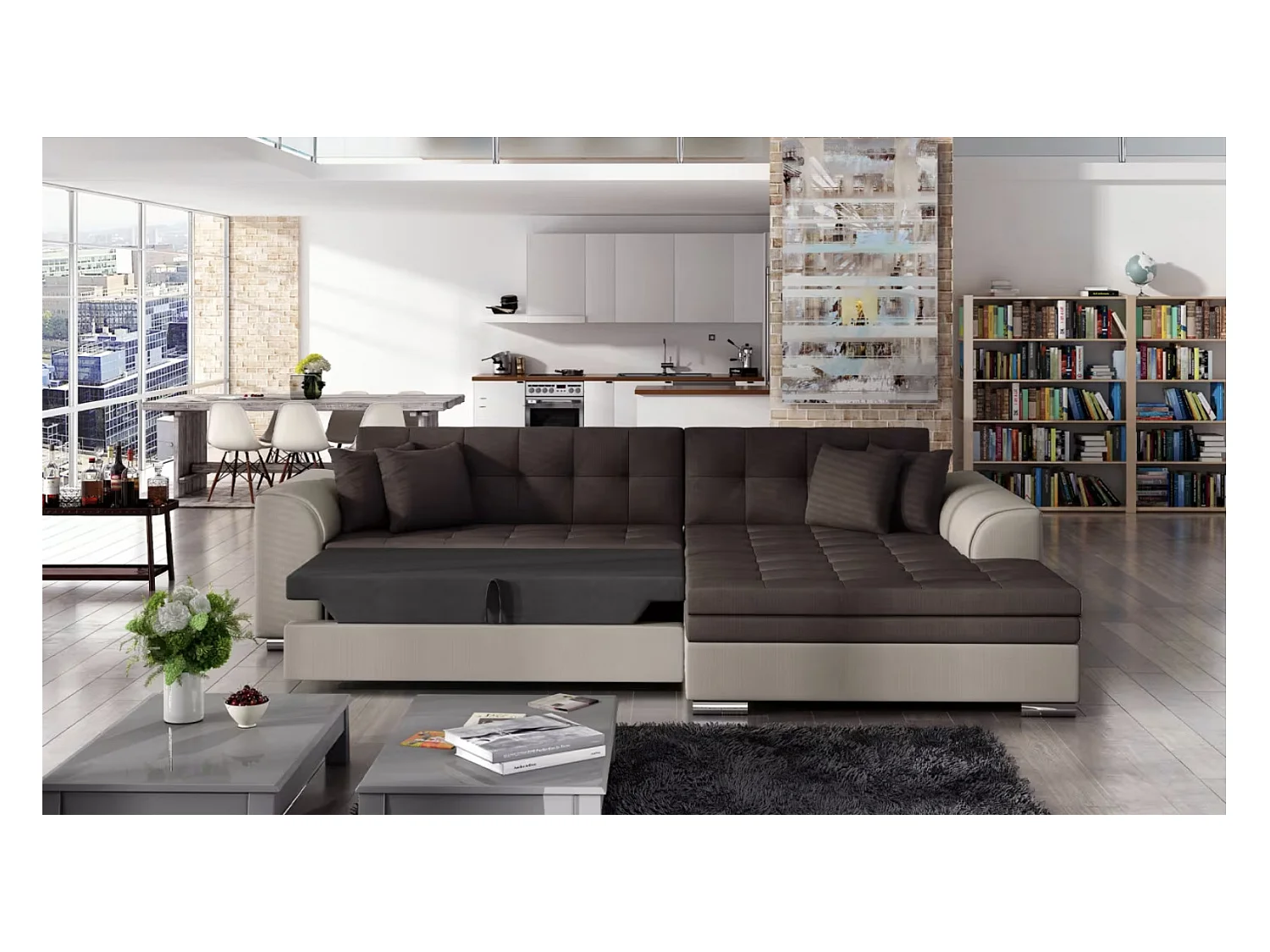 Canapé d'angle convertible tissu LOOKA - Pieds métal chromé-Beige/Marron-angle droit