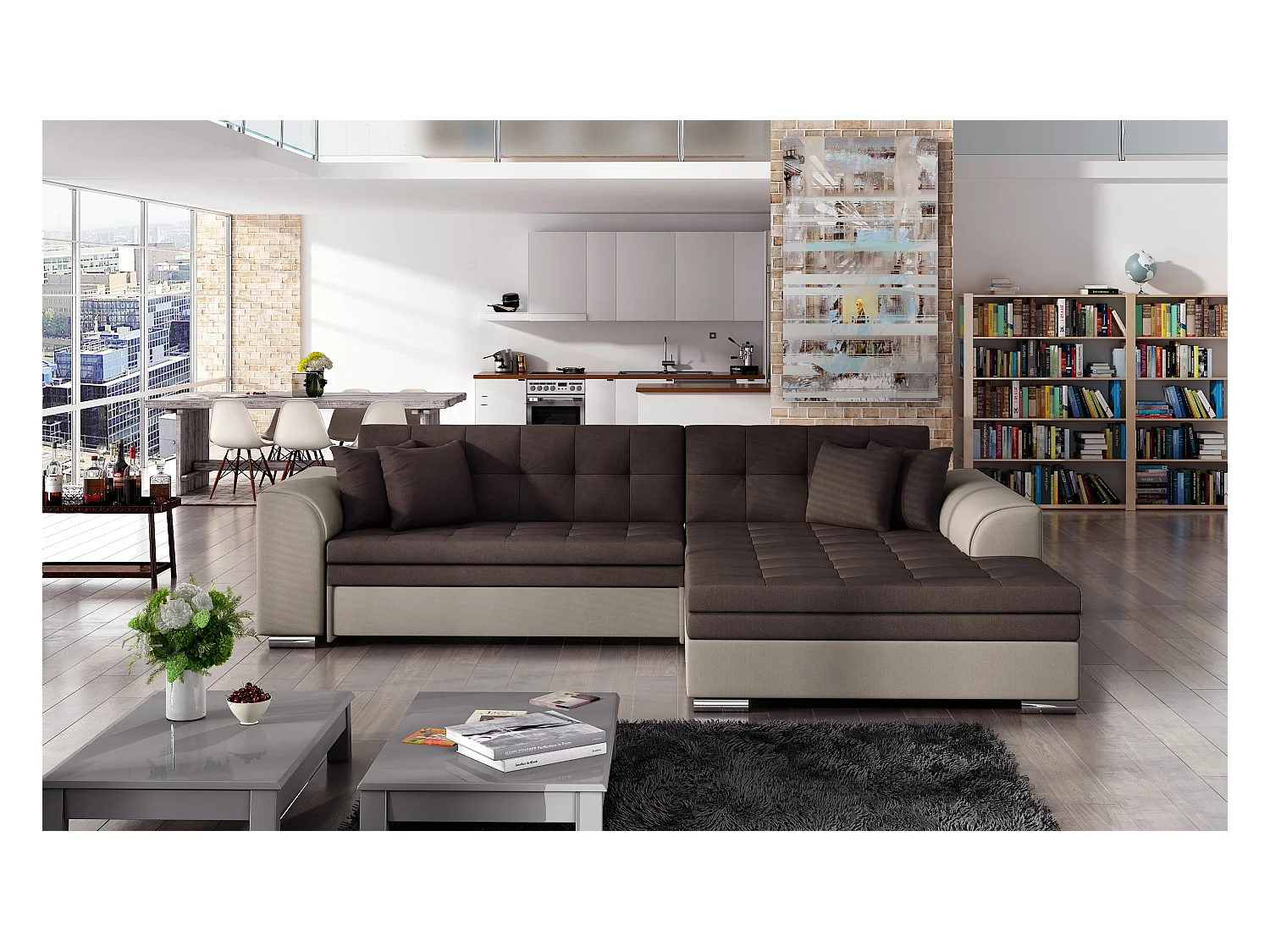 Canapé d'angle convertible tissu LOOKA - Pieds métal chromé-Beige/Marron-angle droit