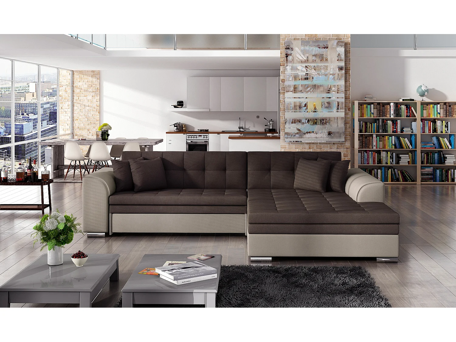 Canapé d'angle convertible tissu LOOKA - Pieds métal chromé-Beige/Marron-angle droit