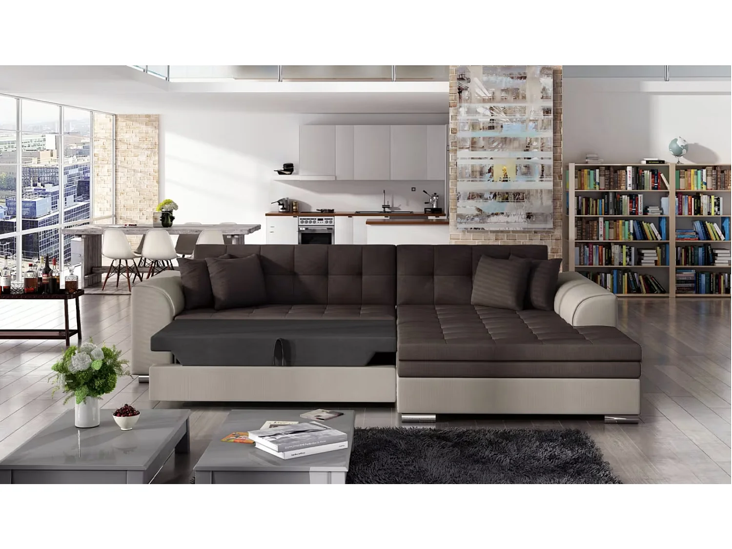 Canapé d'angle convertible tissu LOOKA - Pieds métal chromé-Beige/Marron-angle droit