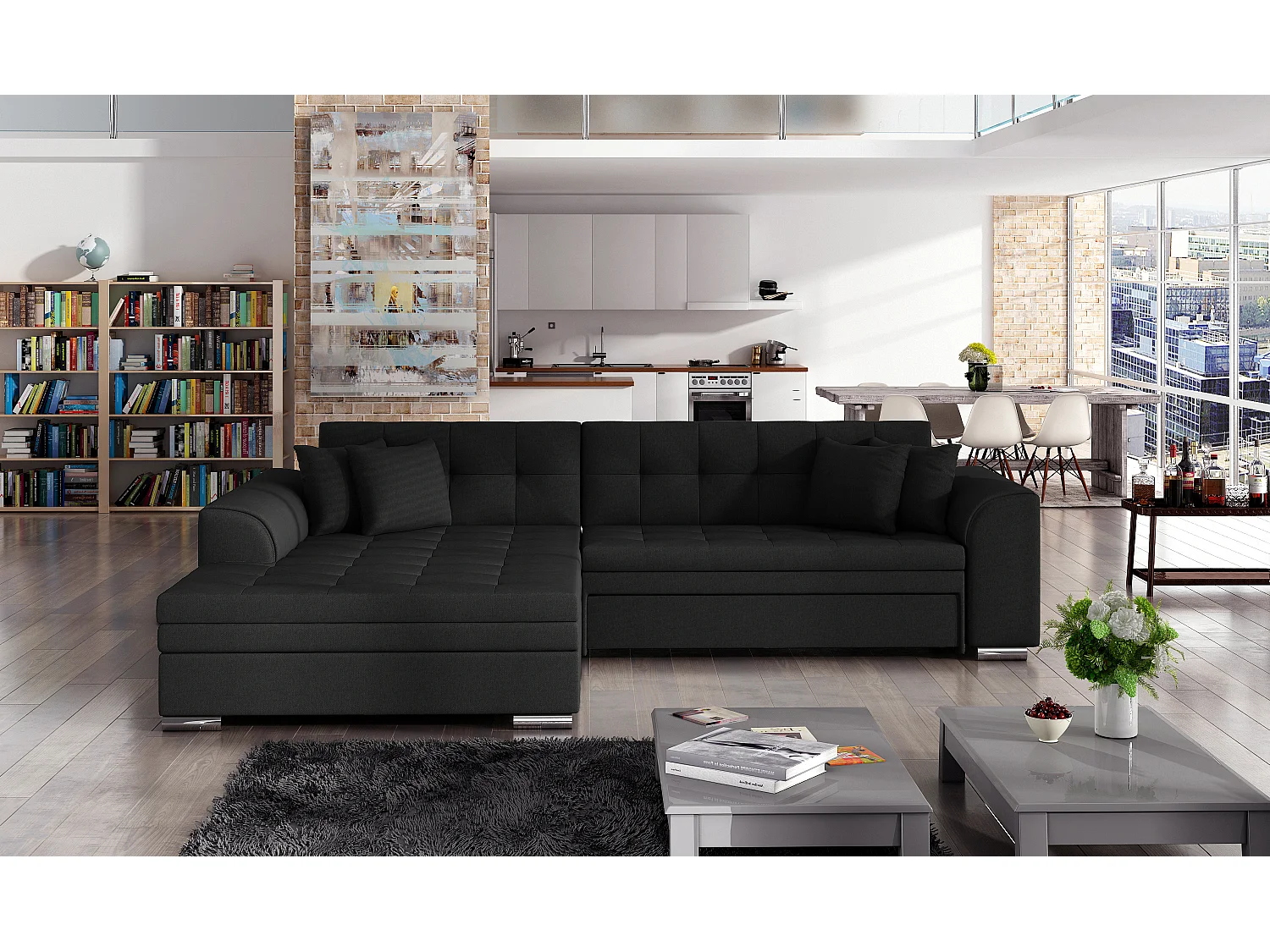 Canapé d'angle convertible tissu LOOKA - Pieds métal chromé-Beige/Marron-angle droit